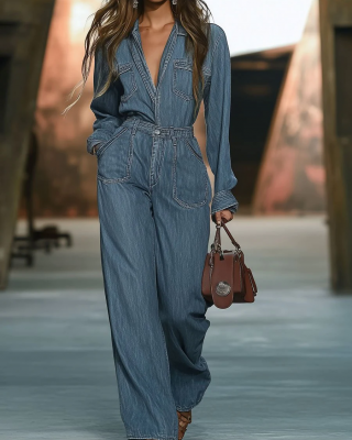 【24-hour shipping out】Casual Fashion Simple Retro Multi-Pocket Denim Long Sleeve Jumpsuit