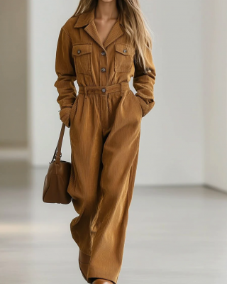 【24-hour shipping out】Casual Loose Retro Corduroy Multi-Pocket Long Sleeve Jumpsuit
