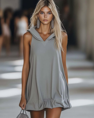 【24-hour shipping out】Casual Fashion Loose Grey Sleeveless Hoodie Style Mini Dress