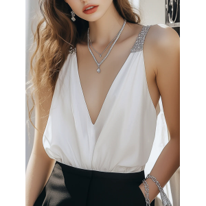 Elegant And Romantic Silver Shoulder Strap V-neck Sleeveless Loose Chiffon Top