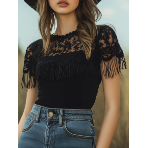Elegant And Romantic Black Lace Tassel Short-sleeved T-shirt