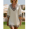 Casual Everyday Ivory Beige Stripe Trim Mid Sleeve Everyday Mini Dress