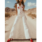 Retro And Fashionable Star Embroidery Sleeveless Stand Collar Flared White Jumpsuit