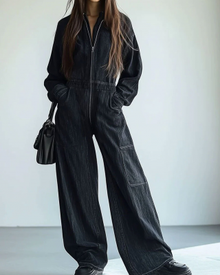 【24-hour shipping out】Casual Loose Retro Denim Zipper Elastic Waist Lapel Long Sleeve Jumpsuit