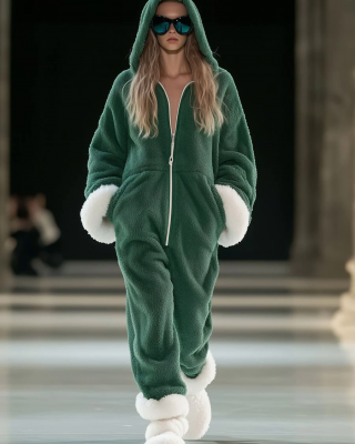 【24-hour shipping out】Casual Loose Green and White Polar Fleece Splicing Zipper Hooded Jumpsuit