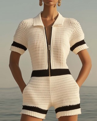 【24-hour shipping out】Breathable Fashion Front Zipper Short Sleeve Knit Shorts Jumpsuit