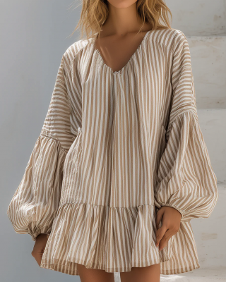 Casual Loose Vacation V-Neck Lantern Sleeve Vertical Striped Mini Dress