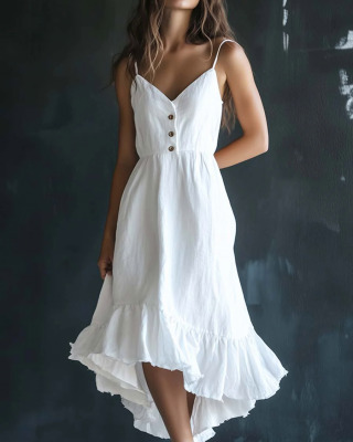Casual Elegant White Spaghetti Strap Cotton Linen Summer Maxi Dress