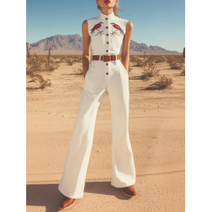 Retro Western Style Embroidered Stand Collar Sleeveless Wide Leg Jumpsuit