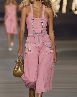 Fashion Personality Loose Pink Suspender Denim Jumpsuit Overalls