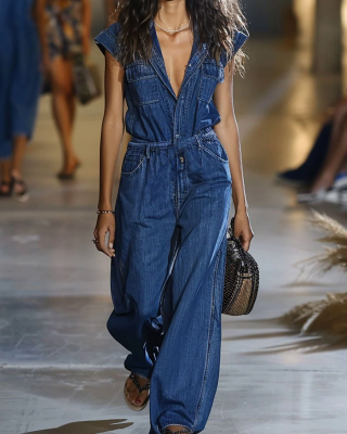 【24-hour shipping out】Casual Loose Elastic Waist Pocket Short Sleeve Shirt Denim Wide Leg Jumpsuit