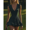 Elegant Sports V-Neck Pleated Hem Dark Green Stretch Mini Dress