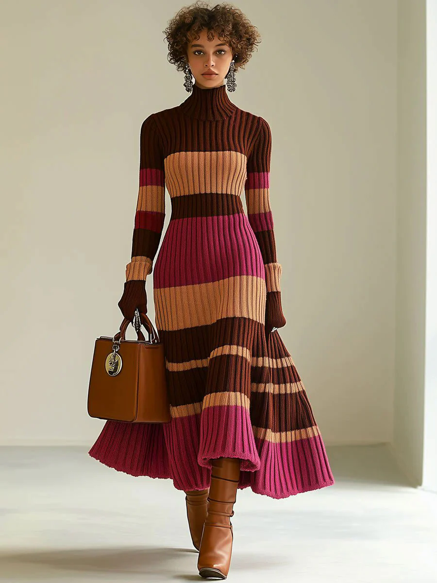 【24-hour shipping out】Fashion Loose Retro Color Striped Knitted Turtleneck Midi Dress
