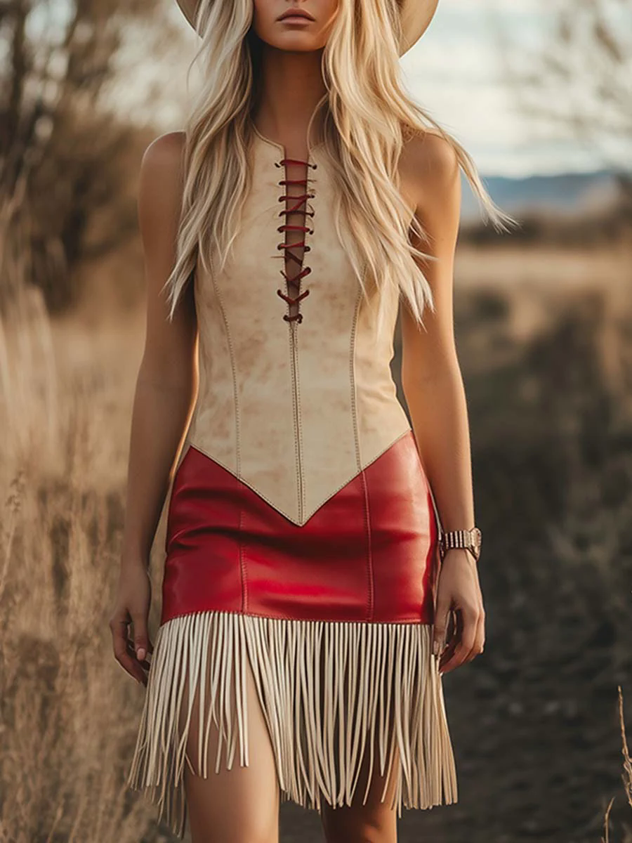 【24-hour shipping out】Elegant Retro Western Contrast Fringe Sleeveless Mini Dress