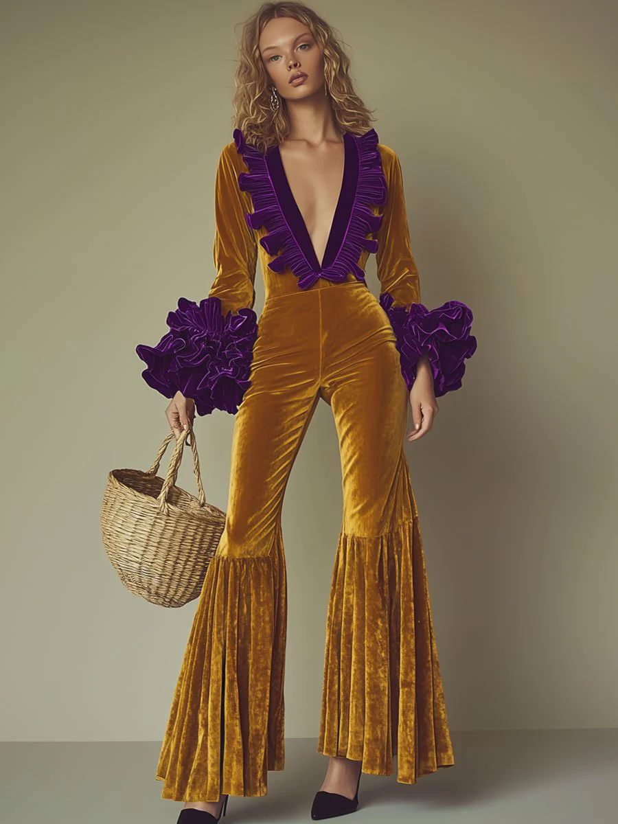 【24-hour shipping out】Fashion Party Purple Ruffle Long Sleeve Flared Gold Velvet Jumpsuit