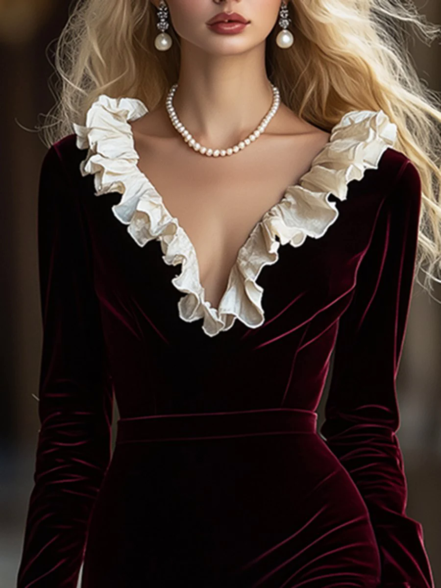 【24-hour shipping out】High-End Fashion V-Neck Ruffled Velvet Midi Dress