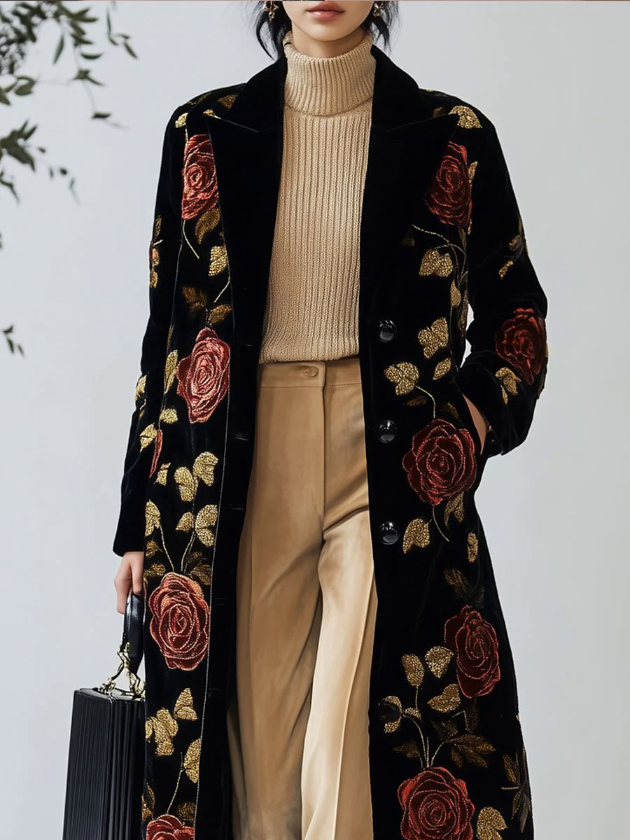【24-hour shipping out】Casual Loose Vintage Velvet Rose Print Pocket Long Coat