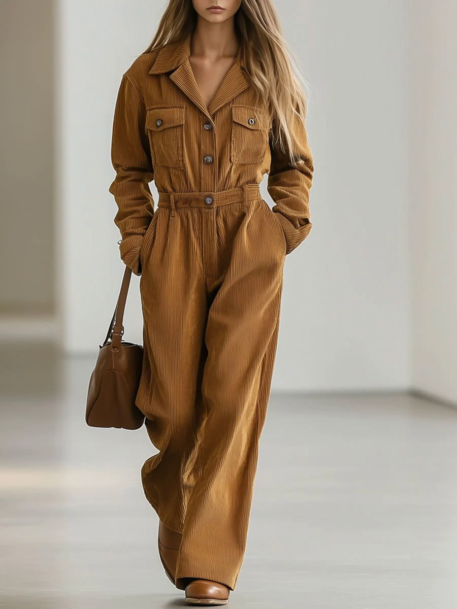 【24-hour shipping out】Casual Loose Retro Corduroy Multi-Pocket Long Sleeve Jumpsuit