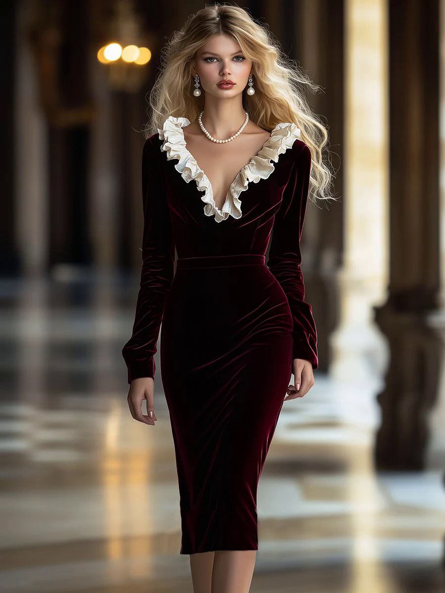 【24-hour shipping out】High-End Fashion V-Neck Ruffled Velvet Midi Dress