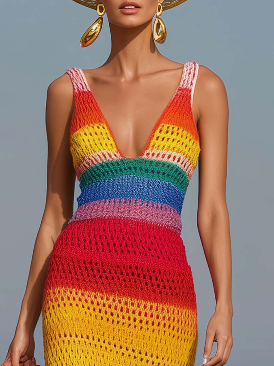 Retro Fashion V-Neck Colorful Striped Hollow Knitted Maxi Dress