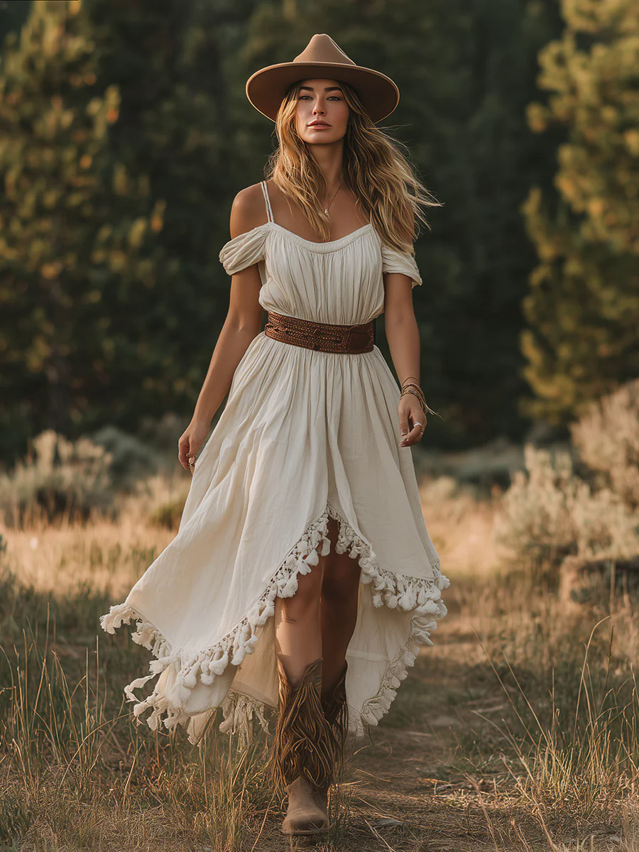 Retro Bohemian Off-the-shoulder Irregular Tassel Hem Beige Cotton And Linen Midi Dress