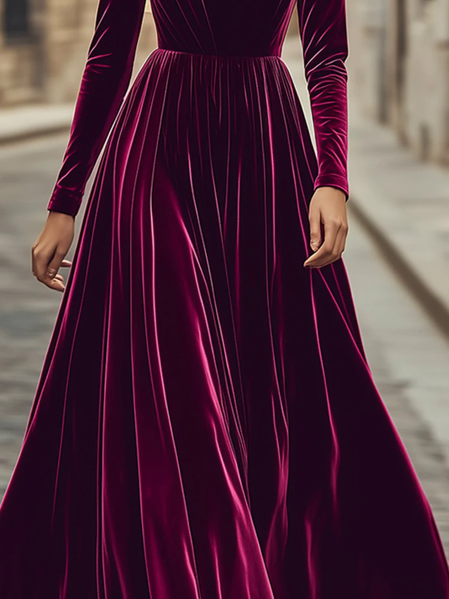 【24-hour shipping out】Retro Fashion High Collar Waist Velvet Maxi Dress