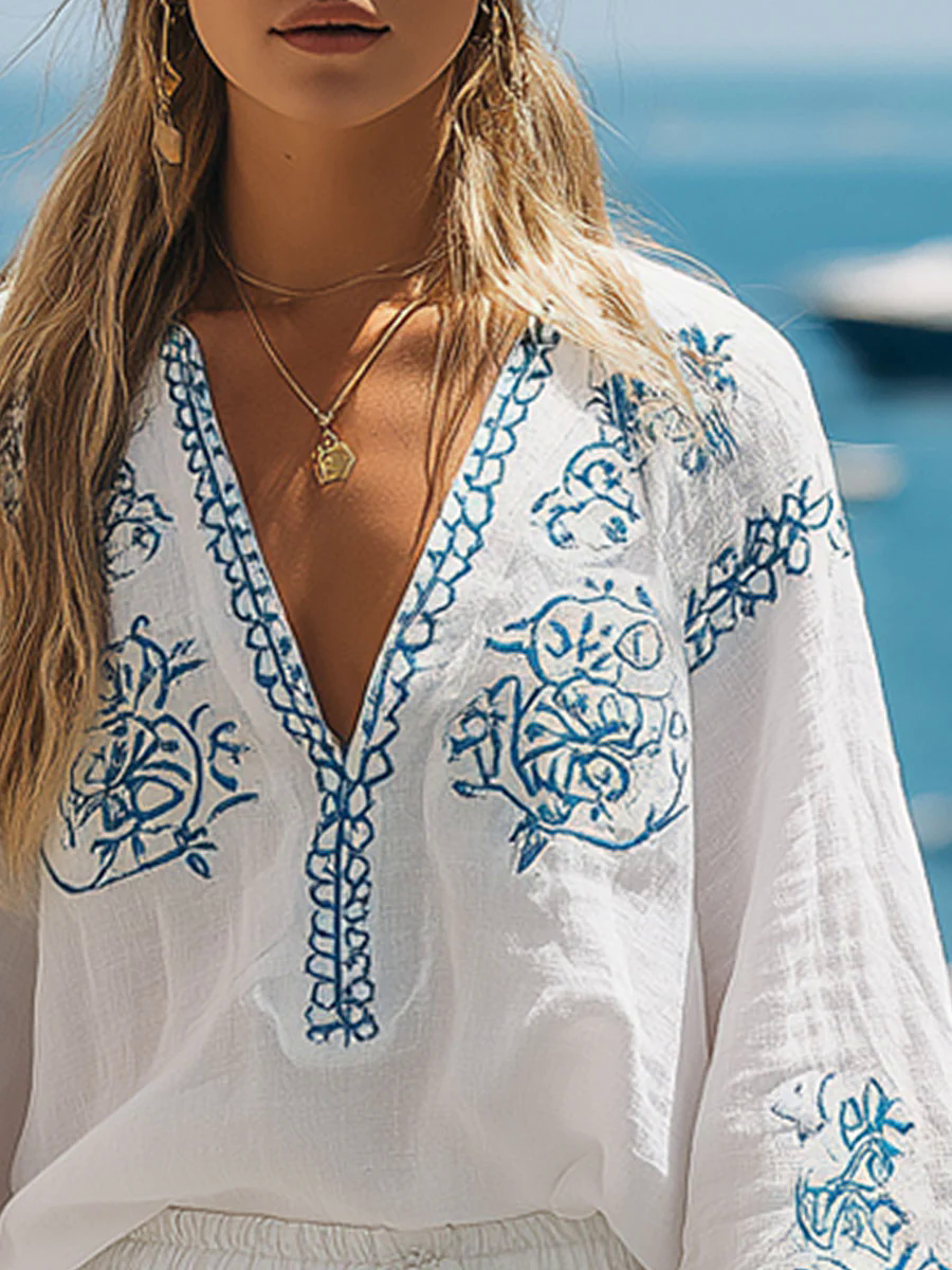 White Cotton And Linen Bohemian Embroidered Long-Sleeved Shirt And Shorts Set