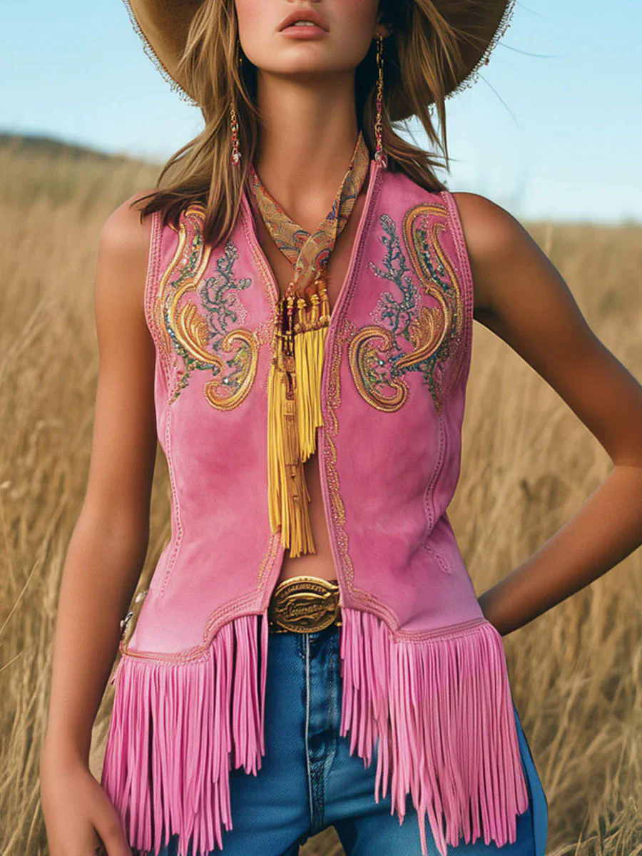 【24-hour shipping out】Casual Loose Vintage Gold Embroidery Pink Suede Tassel Vest