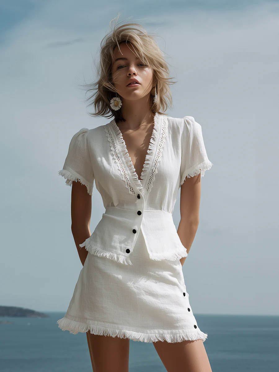 Refreshing And Breathable V-neck Short-sleeved Shirt And Tassel Skirt Two-piece Suit