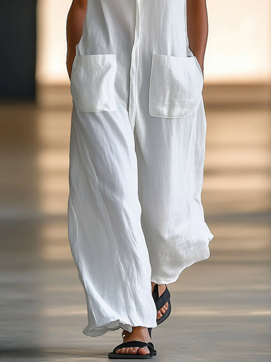 【24-hour shipping out】Casual Loose Retro White Breathable Linen Sleeveless Wide Leg Pants Jumpsuit