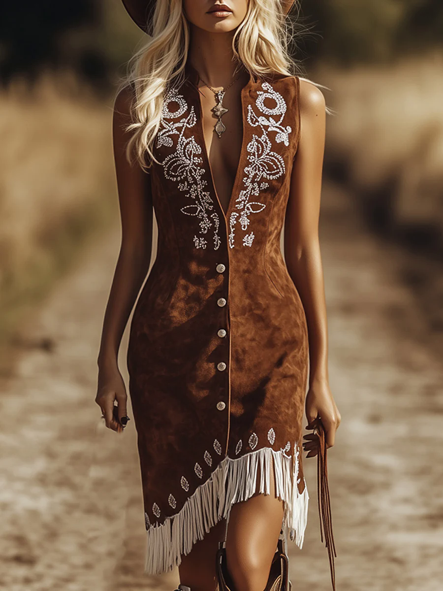 【24-hour shipping out】Vintage Western Paisley Brown Suede Vest Dress