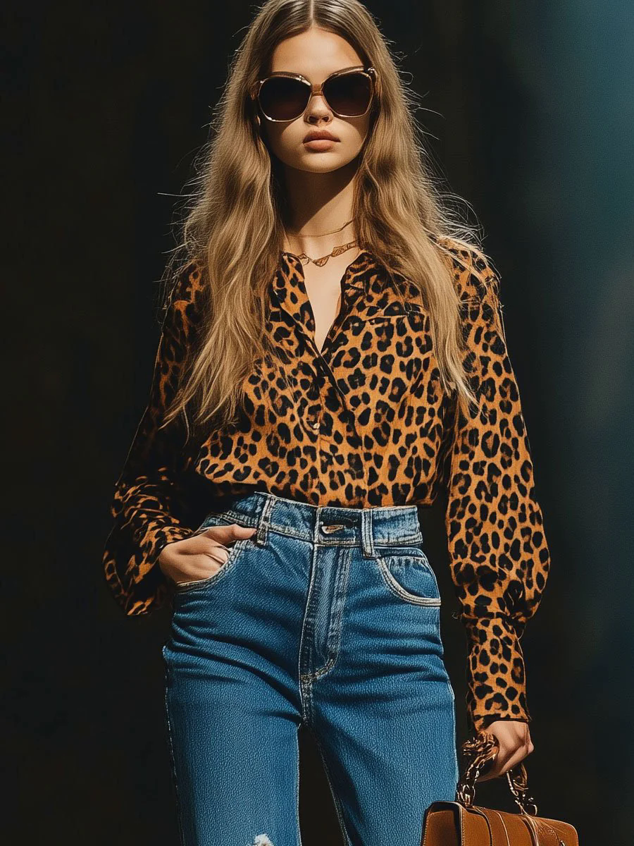 【24-hour shipping out】Casual Loose Vintage Velvet Leopard Print Long Sleeve Blouse