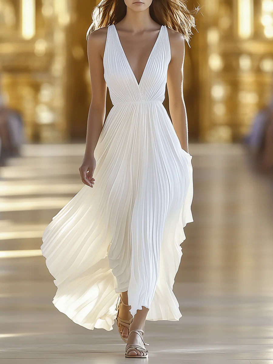 【24-hour shipping out】Premium Chiffon V-Neck Pleated Maxi Dress