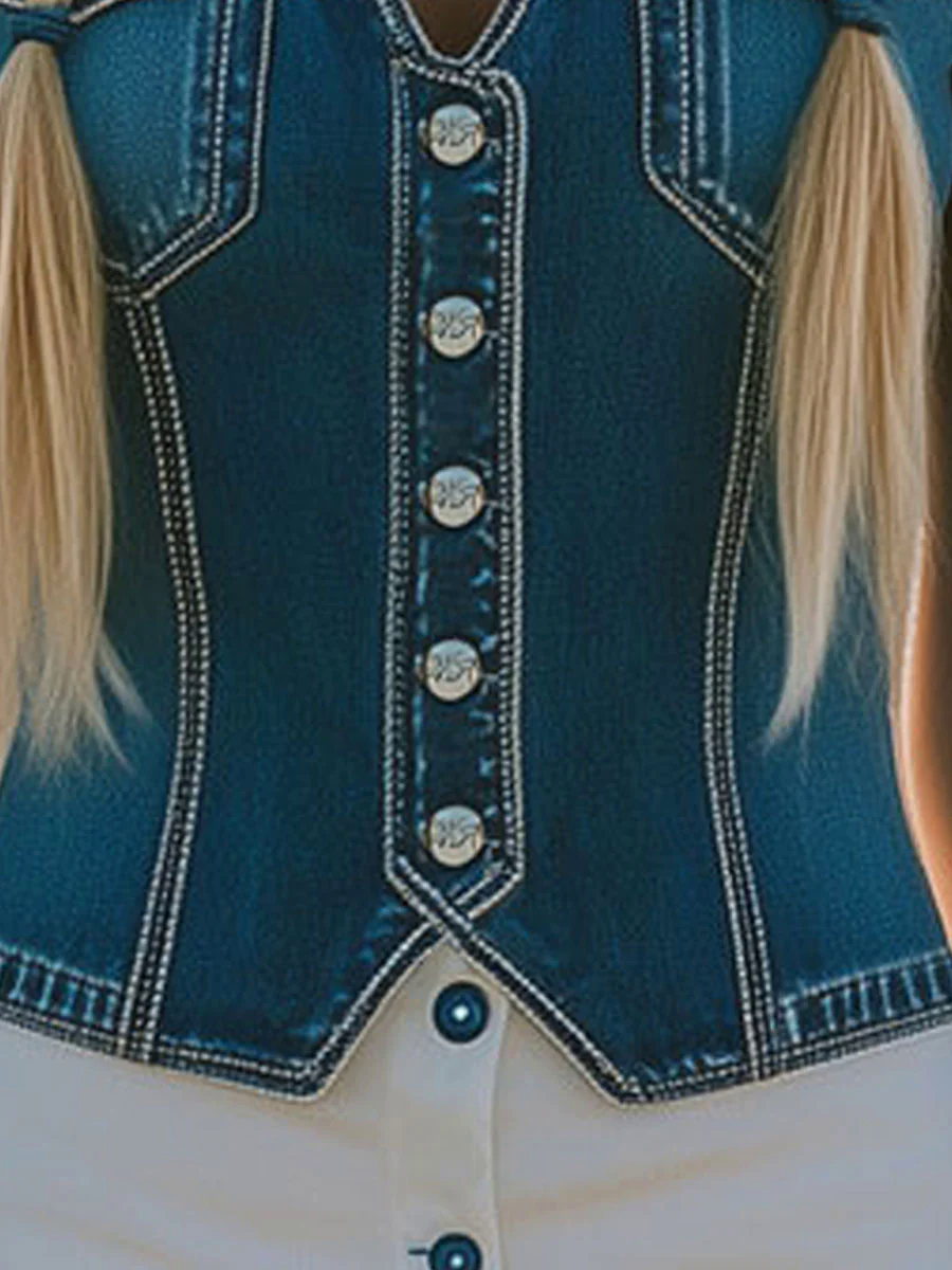 Western Fashion Vintage Dark Blue Denim Pocket Vest