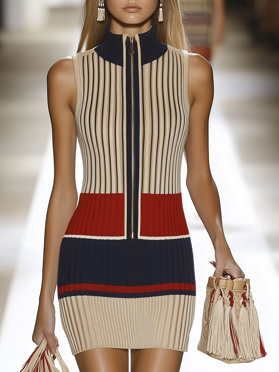 【24-hour shipping out】Casual Retro Contrast Stripe Knit Sleeveless Zipper Mini Dress