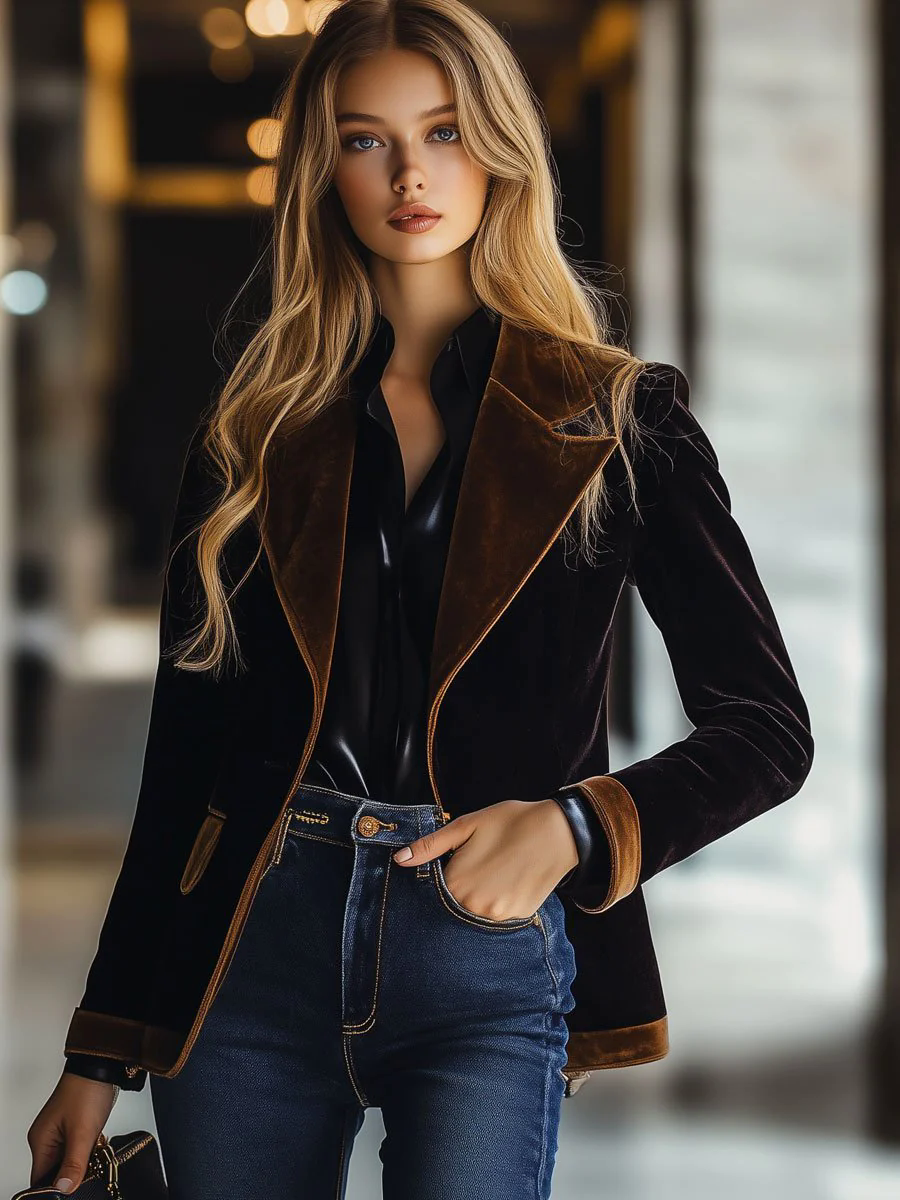 【24-hour shipping out】Casual Loose Vintage Velvet Colorblock Lapel Pocket Blazer