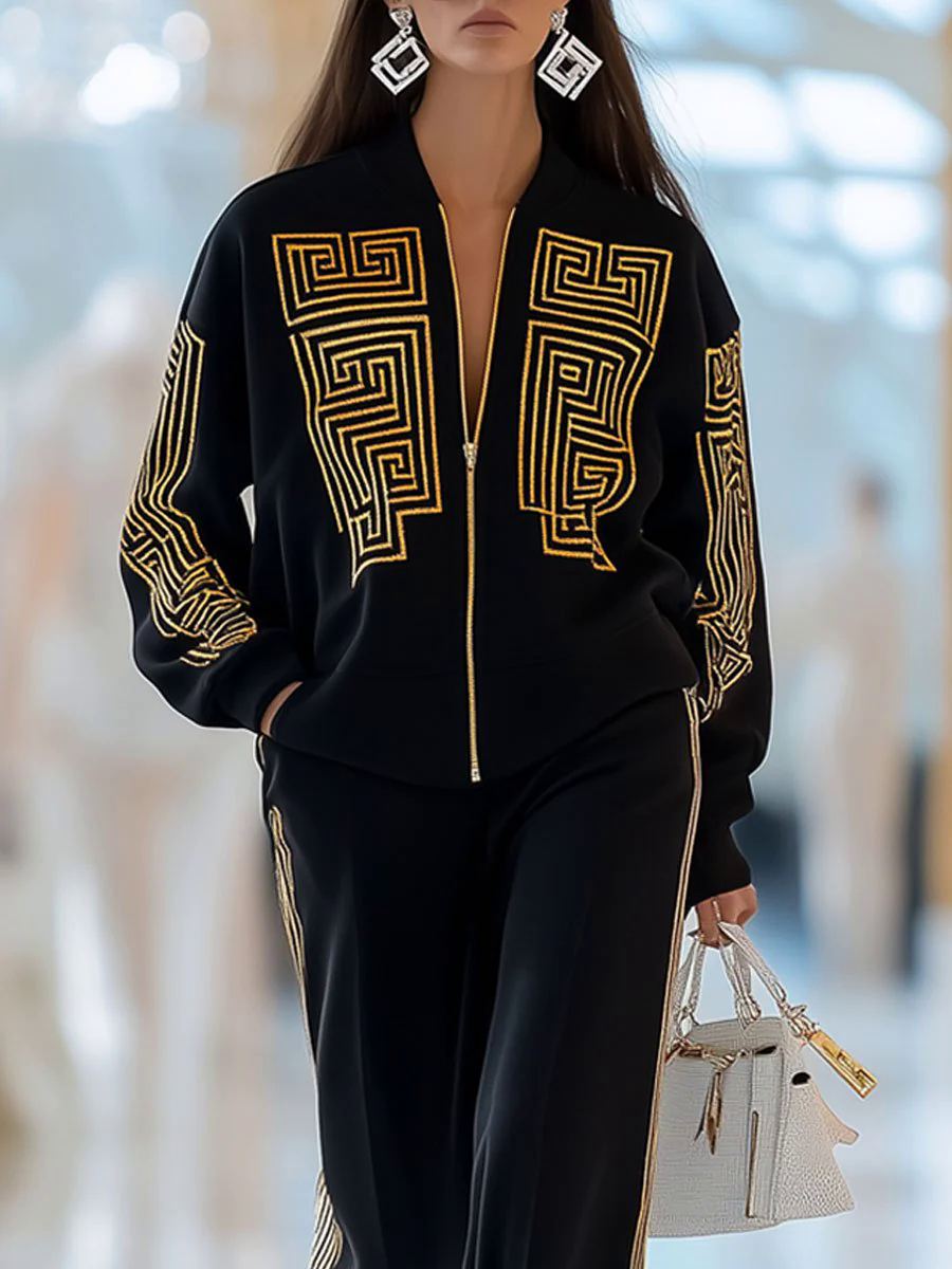 【24-hour shipping out】Casual Loose Retro Gold Greek Geometric Print Zipper Sports Set