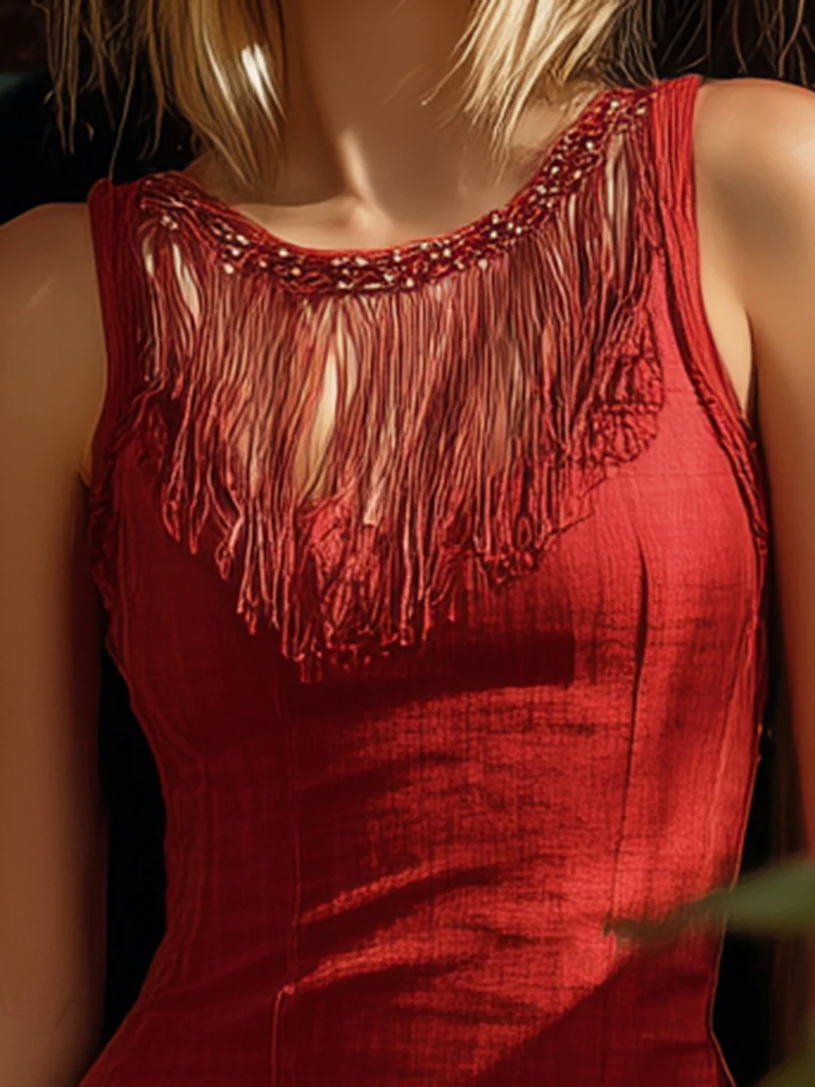 Simple Western Style Tassel Splicing Red Sleeveless Cotton And Linen Mini Dress