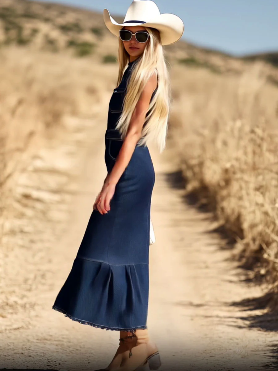 【24-hour shipping out】Casual Fashion Dark Blue Denim Sleeveless Shirt Fishtail Midi Dress