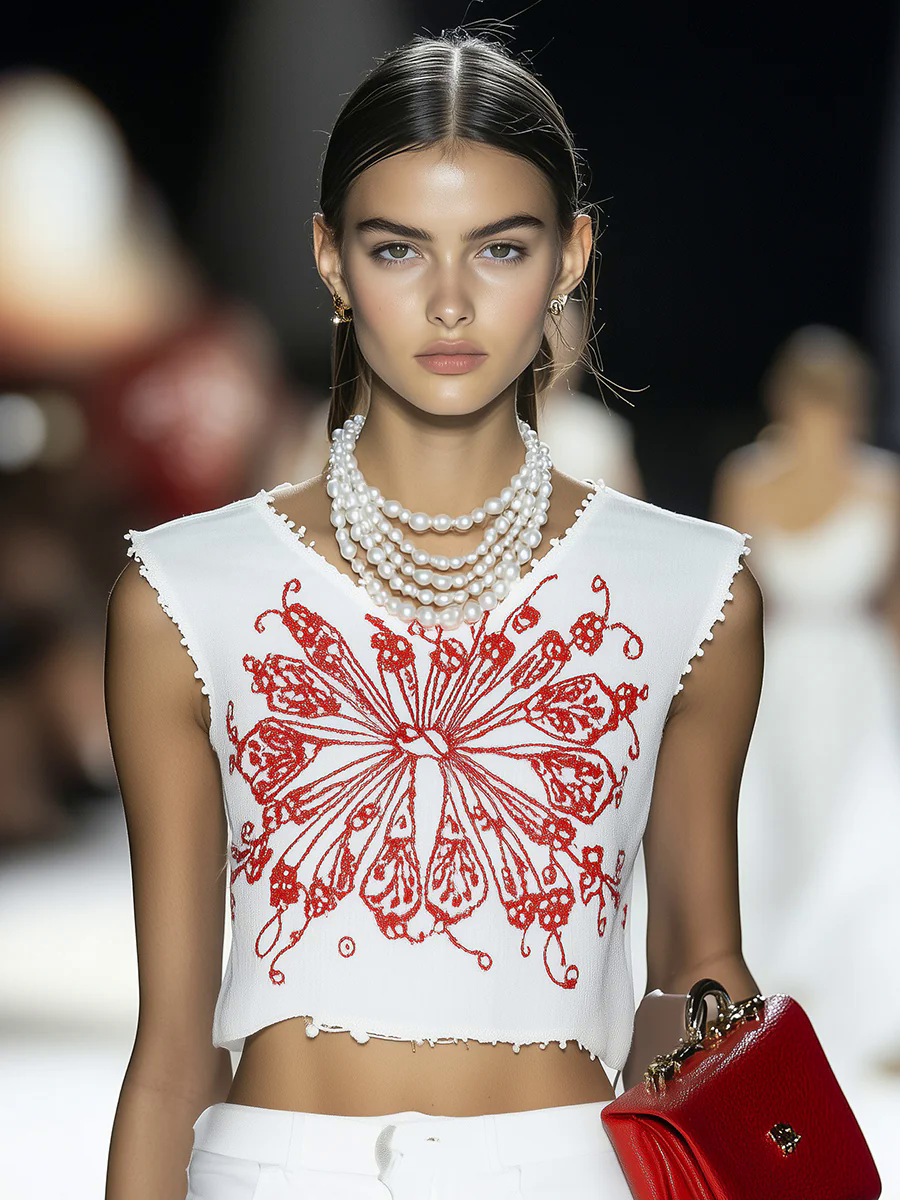 Western Casual Red Embroidered White Sleeveless Vest