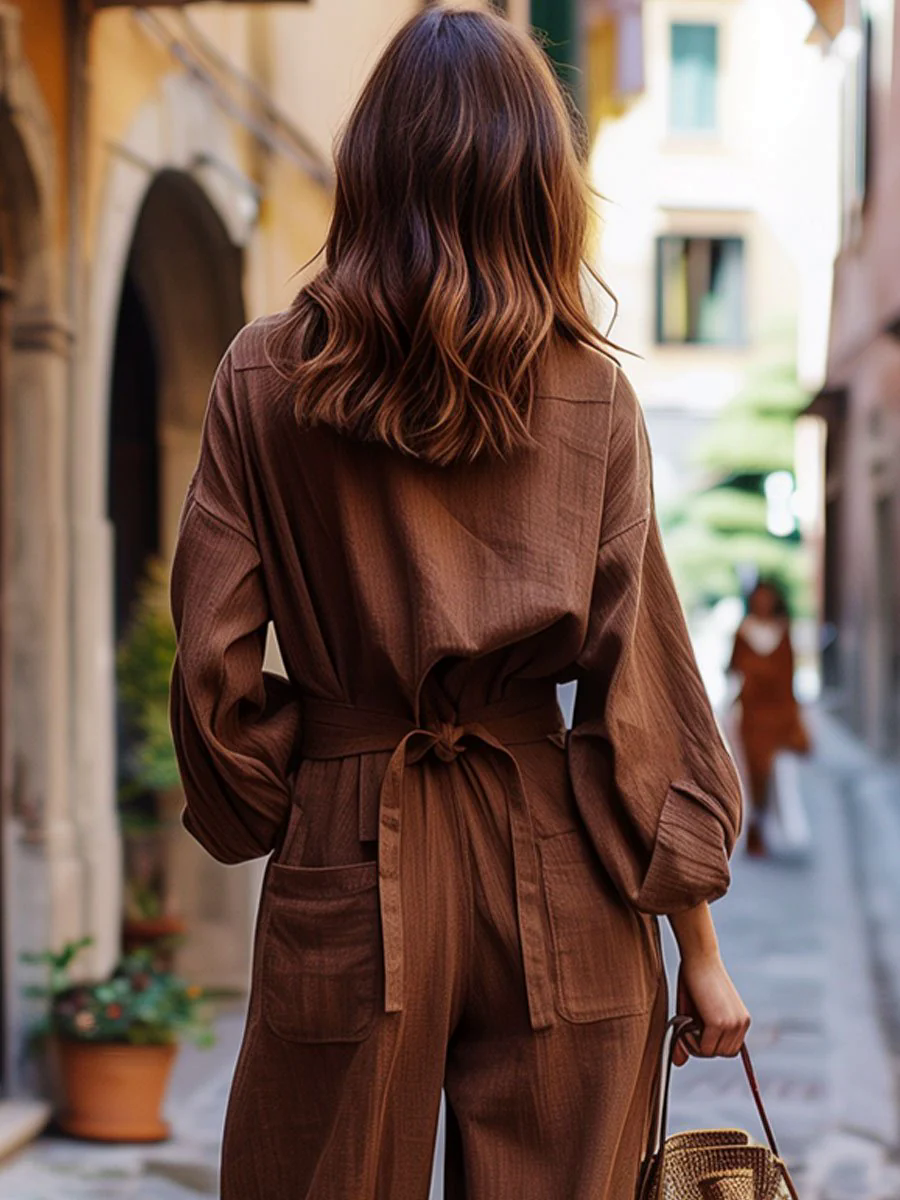 【24-hour shipping out】V-Neck Casual Retro Lace-Up Long-Sleeved Wide-Leg Denim Jumpsuit