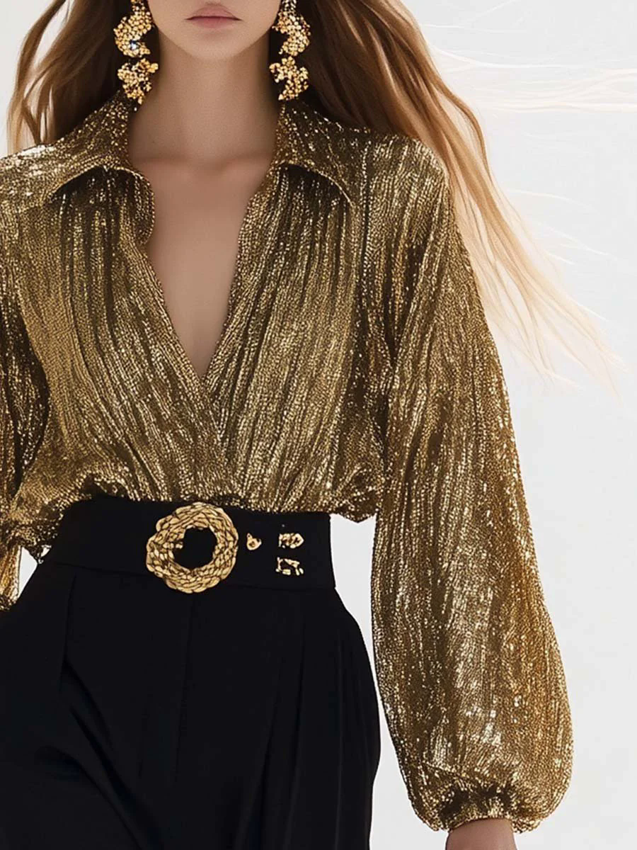 【24-hour shipping out】High-end Fashion V-neck Lantern Sleeves Gold Shiny Texture Shirt