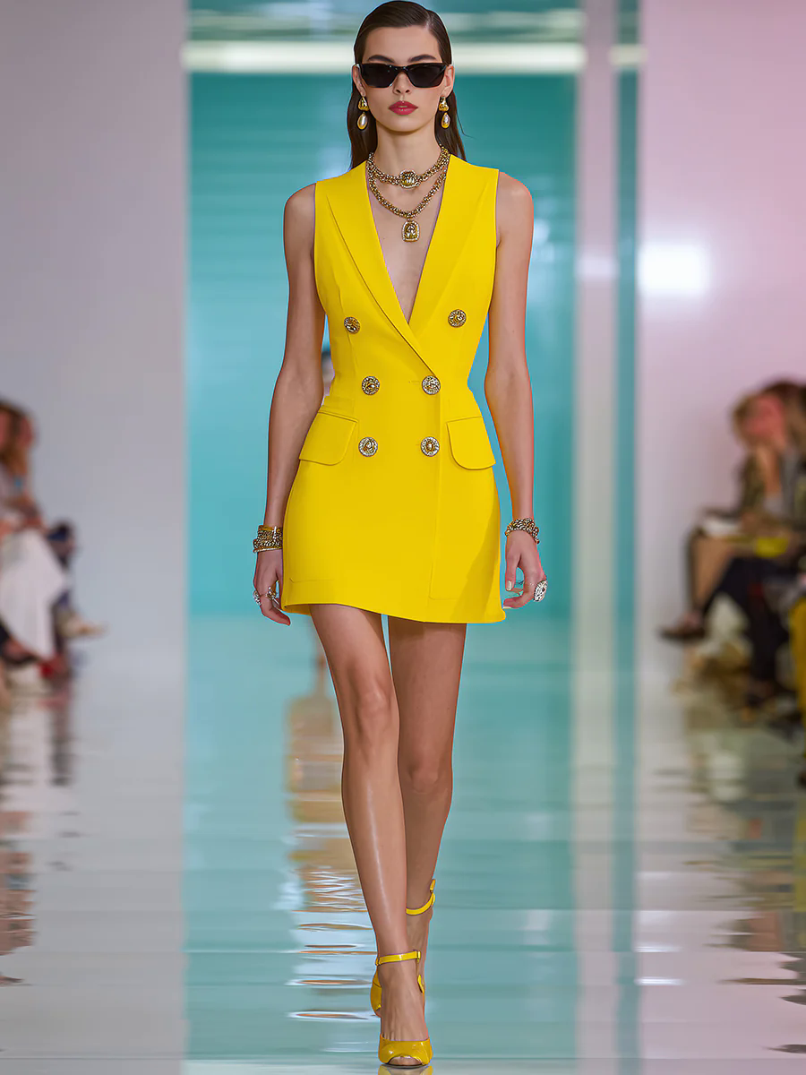 Fashionable And Elegant Yellow Lapel Sleeveless Mini Dress