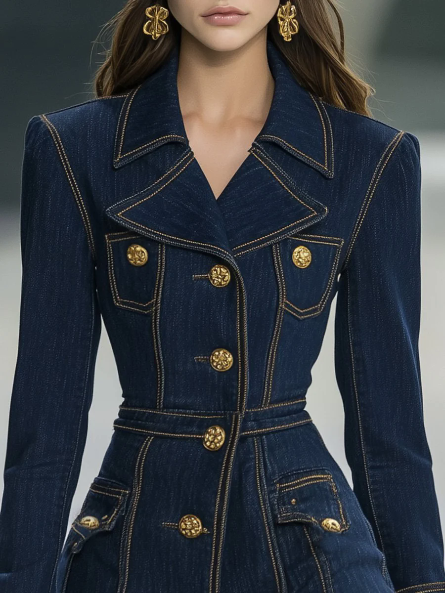 【24-hour shipping out】Classic and Playful Large Lapel Ruffled Hem Waist Denim Mini Dress