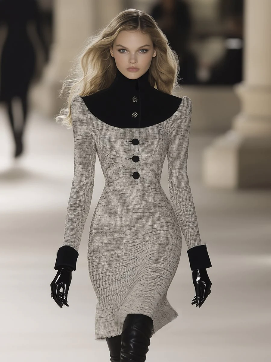 【24-hour shipping out】Retro Elegant Fashionable Stitching Velvet High Collar Tweed Midi Dress