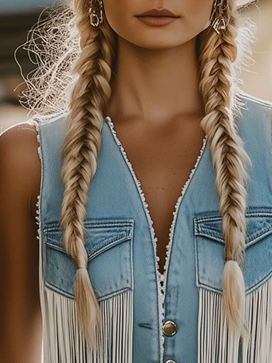 Western Retro Light Blue Denim Raw Edge Pocket Tassel Vest