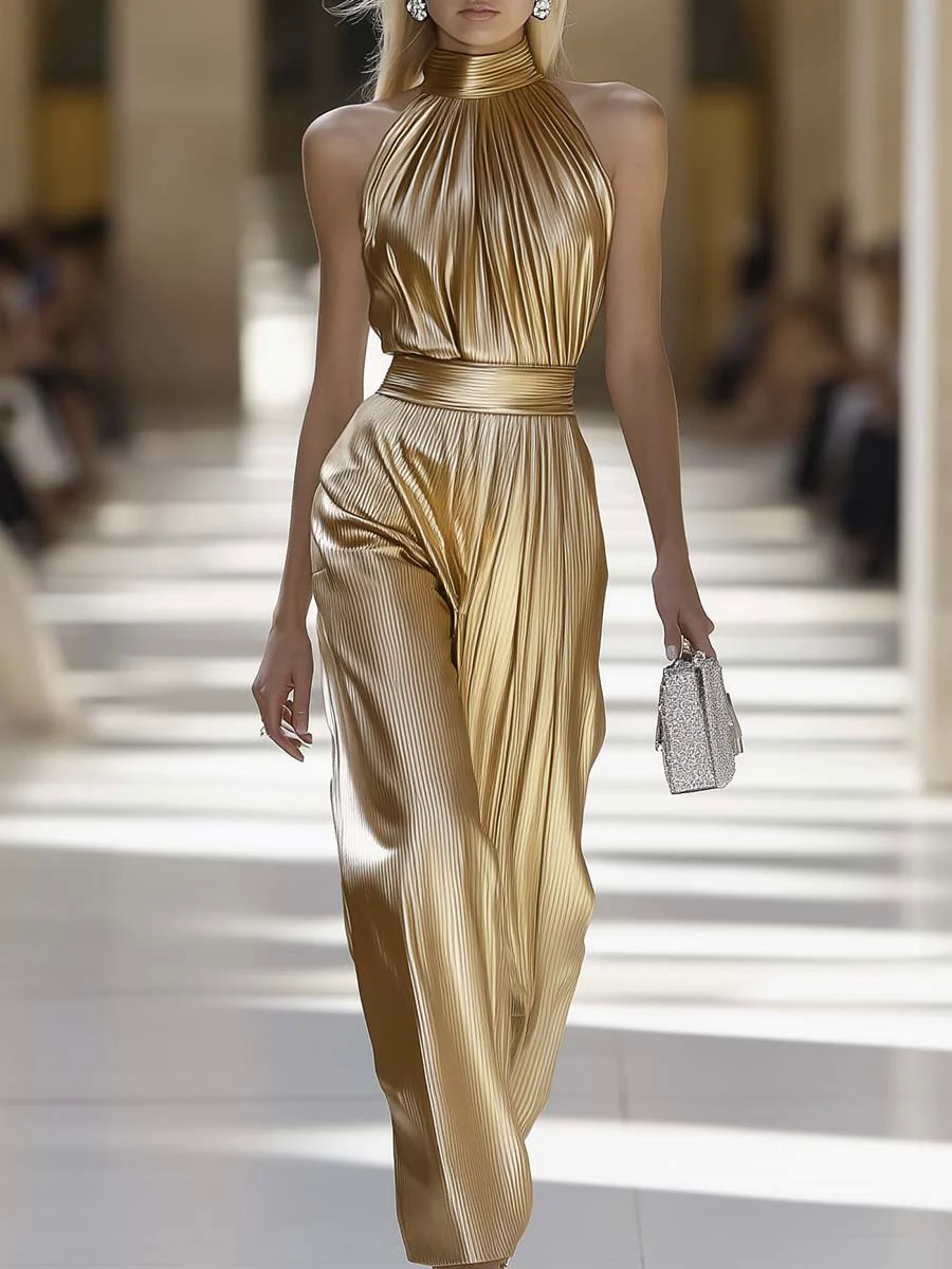 【24-hour shipping out】Elegant Personality Half Turtleneck Sleeveless Gold Pleated Jumpsuit