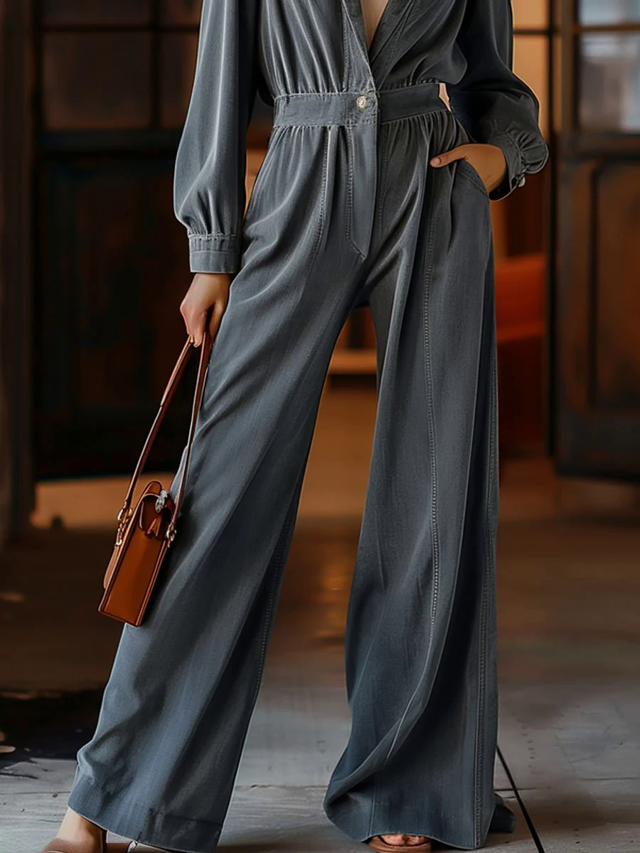 【24-hour shipping out】Casual Retro Pocket Denim Long Sleeve Wide Leg Jumpsuit