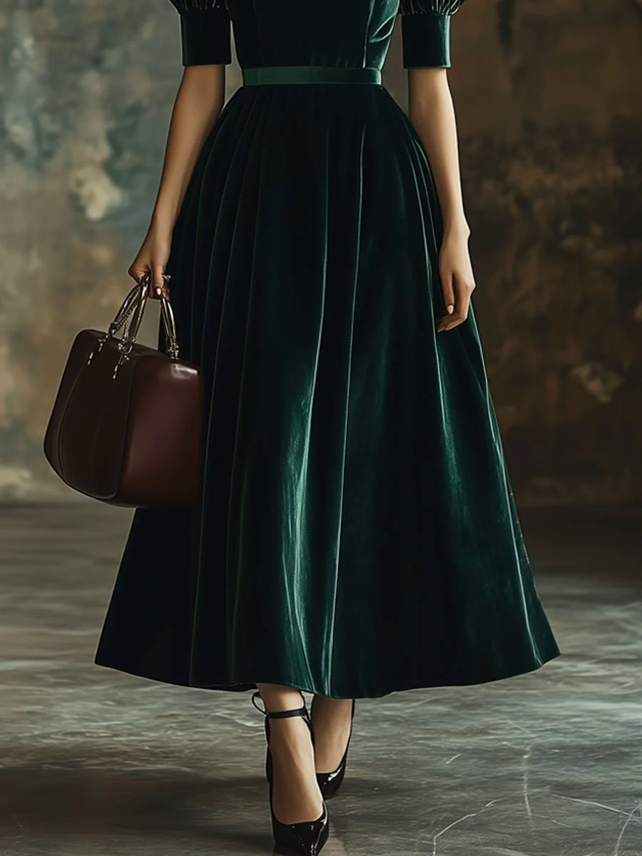 【24-hour shipping out】Fashion Party Bow Tie Solid Color Velvet Short Sleeve Maxi Dress