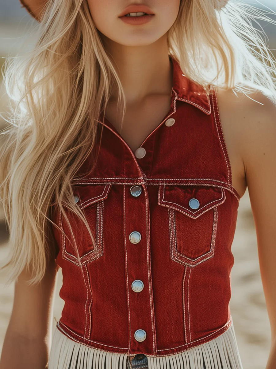 Vintage Casual Red Denim Button Tassel Vest